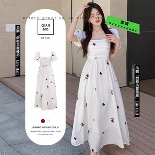 大碼法式玫瑰洋氣泡泡袖連衣裙 夏季顯瘦方領收腰白色僋女裙, 白色,S