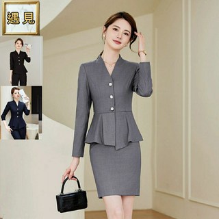 韓版時尚修身女職業西裝套裝 長袖OL上班族工作服 3色可選 加大尺寸, 黑色長褲1025,L