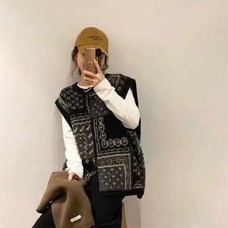 撞色方格鈕釦馬甲 背心 日系寬鬆懶惰風加厚新款時尚百搭減齡毛衣女