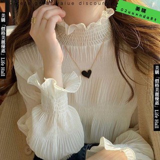 立領杏色蕾絲雪紡襯衫 女春秋冬加絨內搭木耳邊紗上衣