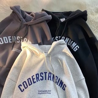 美式680g純棉連帽T恤 男款秋冬加絨寬鬆字母印花上衣 大尺碼長袖帽T