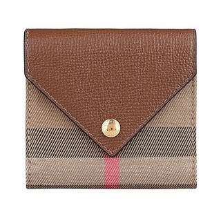 BURBERRY LILA內裡燙印LOGO都市格紋棉質拼接牛皮4卡翻蓋釦式短夾(經典米x棕)