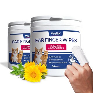 개와 고양이를 위한 웰릭스 펫 이어 클리너 물티슈 (100개) - 순수 카모마일 허니서클 개 클리닝 핑거 물티슈 - 가려움 완화 및 귀 감염에 대한 자연 치료 - 2팩