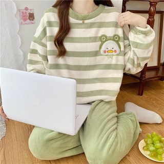 珊瑚絨睡衣女春秋冬季加厚加絨保暖甜美可愛法蘭絨家居服兩件套裝