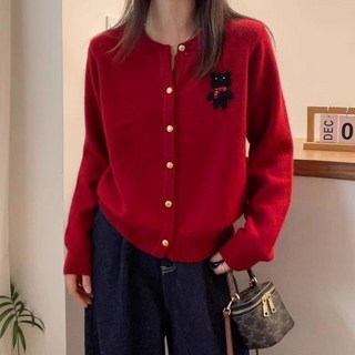 春秋冬新款外套小熊百搭圓領女針織開衫上衣紅色韓版歐洲毛衣