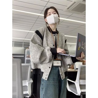 灰色通勤法式復古小香風外套女，小個子春秋新款寬鬆棒球服夾克