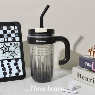 【甜蜜cosmetics】女生夏季大容量高顔值吸管杯耐高溫塑料便攜帶把手杯子辦公室水杯, 黑色700ML【吸管/獨立茶倉】, 1個