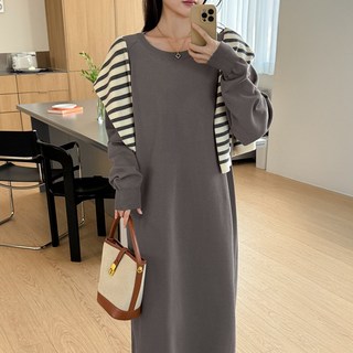 데일리앤 유츠 부드러운 라운드넥 긴팔 롱 니트 원피스 봄 데일리룩