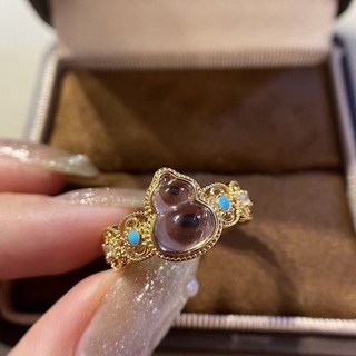 葫蘆造型水晶戒指，綠松石點綴，復古金屬飾邊