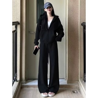 春秋必備 時尚寬鬆運動兩件套 連帽長袖外套 闊腿長褲 休閒套裝女 秋冬套裝 a0338