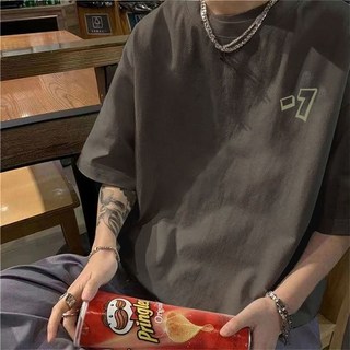 夏季100%親膚短袖t恤男裝創意印花寬鬆國潮極簡百搭小衆上衣潮ins, 品牌代工廠泓潮-深灰色短袖【小-7】,3XL 75.0-82.5公斤