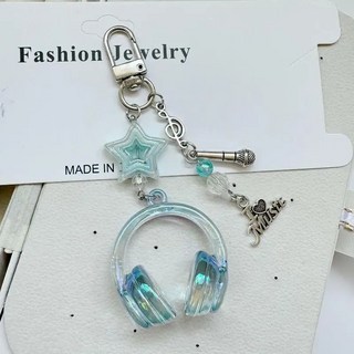 Y2K 핑크 퍼플 그라디언트 색상 음악 이어폰 페르시 키 체인 크리 에이 티브 미니 헤드셋 펜던트 열쇠 고리 쌍 매는 밧줄 열쇠 고리, H