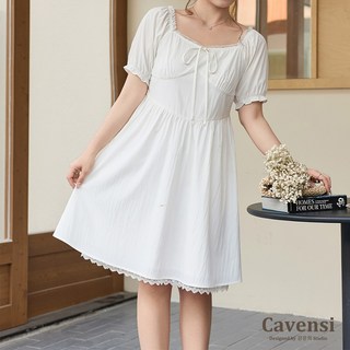 Cavensi清貨款 法式泡泡袖白色洋裝 收腰繫帶方領短袖洋裝 大尺碼連身裙 短洋裝