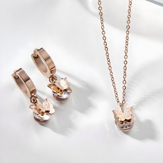 noid-b 醫療鋼鋯石蝴蝶項鍊 + 耳環組