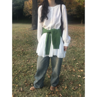 韓國chic 單排扣長袖綁帶荷葉邊襯衫長裙 襯衫式連衣裙, 白色