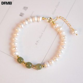 DFMEI 天然淡水珍珠手鍊天然三顆和田青玉手飾女生小衆設計感閨蜜送禮物