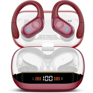 무선 이어버드 블루투스 5.4 헤드폰 스포츠 75시간 스테레오 딥 베이스 오버이어 버드 with 이어후크 4개 ENC 마이크 LED 디스플레이 IP7 방수 이어폰 러닝용 블루, Red