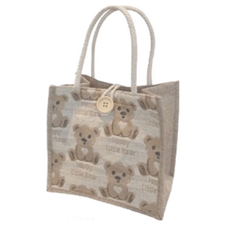 小熊亞麻手提袋 便當包 環保提袋 外出包, 01.白