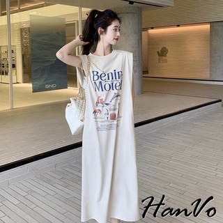 HanVo Motel印花寬鬆背心長裙 夏季舒適休閒慵懶設計感韓系女裝洋裝 女生衣著 A06-3719, 白色