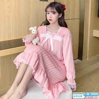 秋冬季法蘭絨長袖睡裙女款可愛公主風純色蝴蝶結珊瑚絨少女家居服珊瑚絨睡裙 冬季睡衣 保暖加絨睡裙