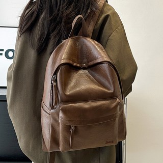 秋冬咖色女士皮質電腦後背包，簡約大容量美拉德通勤雙肩包, 浅棕色