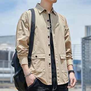 男士純棉長袖襯衫 春秋季休閒工裝寬鬆男裝
