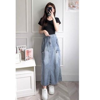 CHILL現貨 韓系工裝後開衩牛仔裙 水洗牛仔裙 加大碼長款牛仔裙 A字長裙 復古水洗牛仔長裙 過膝裙 高腰牛仔裙