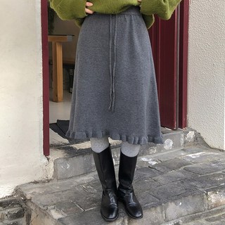 바잉몰 여성 플레어 밴딩 스트링 프릴 니트 미디 스커트 -2color