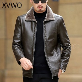 XVWO 남성 가죽양털자켓 중년용 겨울용 따뜻한 피모일체 PU가죽 점퍼 아버지용 두꺼운 보온 외투