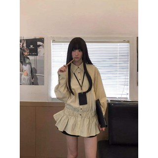 韓系早秋穿搭女裝復古小眾收腰長袖襯衫百褶半身裙一整套甜辣絕美