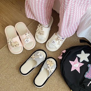 日系亞麻拖鞋 室內拖鞋 可愛卡通蝴蝶結 厚底防滑 四季居家拖鞋, 小貓和小魚--米白【亞麻透氣】, 1個