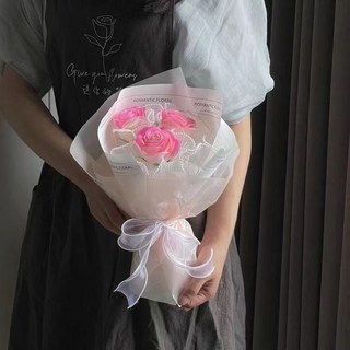 小確幸 小mini花束 仿真玫瑰花 永生花束 閨蜜情人節禮物 教師節老師 畢業花束 迷你畢業禮物, 3朵碎冰粉波浪紗-粉, 1個