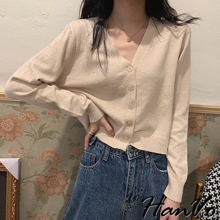 HanVo 秋日柔軟親膚V領針織外套 - 韓系休閒百搭短版上衣