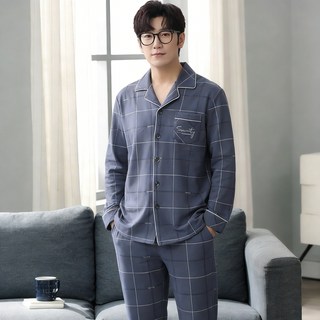 ANYOU 남자 사계절 데일리 패션 체크 잠옷 세트 순면 클래식 긴팔 상하세트 홈웨어 세트