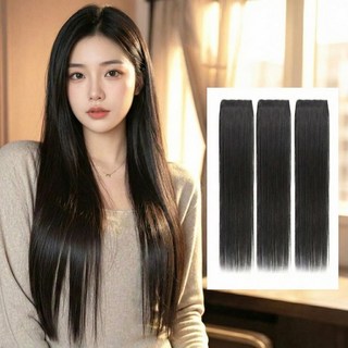 리니드 붙임머리 여성 생머리 헤어피스 3피스, 3개, 내추럴블랙