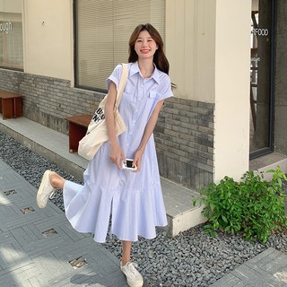 DA2785여자 여름 고퀄 코튼 면혼방 카라넥 롤업 반팔 셔츠형 플리츠 롱 스트라이프 복고 프렌치 루즈핏 베이직 나들이 원피스 드레스 치마 데일리룩