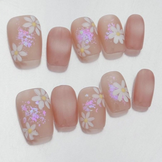 可愛小雛菊手工繪製穿戴美甲片 粉嫩色 短梯型, 1個, XS