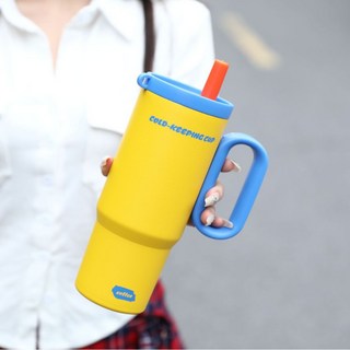 대용량 거대 보온컵 빨대 이중 음료컵 고급스러운 아이스컵, 900ml, 노란색 + 빨대 + 차 창고, 1개