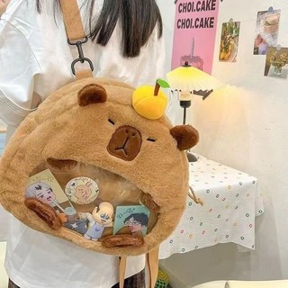 現貨免運 後背包 卡皮巴拉 毛絨雙肩包 毛毛手提包 痛包生日背包 女生畢旅包 交換禮物 皮草仿兔毛包包 兒童背包B417, 透明水豚痛包