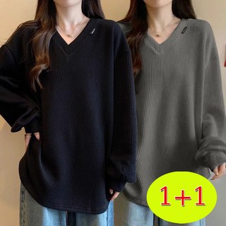POMTOR 1+1 빅사이즈 여장 브이넥 긴팔 맨투맨 추동 도톰 오버핏 긴팔 티셔츠 가을 데일리 상의