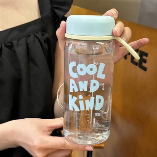 400/600ml 투명 플라스틱 컵 리프팅 로프 우유 물병 낙하 방지 누출 식수, 04 Blue-600ML