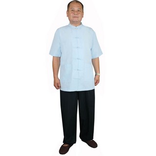 男士立領短袖襯衫，寬鬆透氣舒適，休閒居家兩相宜，展現東方男性魅力