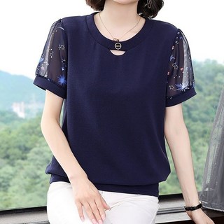 ROYALBELLE 여성 중년 빅사이즈 우아한 플라워 프린트 시폰 반팔 블라우스 엄마용 F0032507