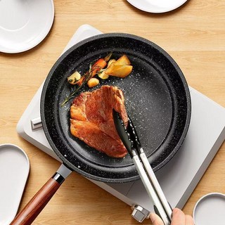 麥飯石不粘鍋 家用牛排煎鍋 煎餅煎蛋烙餅鍋, 1個, 加厚平底葵花底【國標一級不沾 煎炒兩用】,26cm【升級木柄】加厚底煎炒鍋鋼化蓋