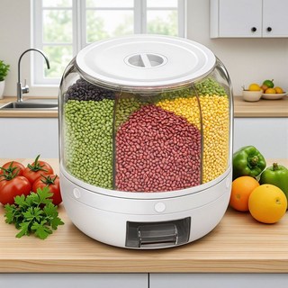 2025款多功能可旋轉米桶 五穀雜糧寵物糧分格儲米箱 粗糧收納防塵米缸, 1個, 多場景適用【櫃子/桌麵/墻角均可收納】,最大承重約12斤【不止可裝人喫的】