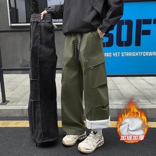寬褲 日系休閒長褲 大口袋工裝褲 加絨防潑水 直筒闊腿褲