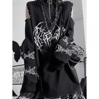 빈티지 블랙 인쇄 펑크 티셔츠 여성 하라주쿠 오프 숄더 그런지 탑 오버 사이즈 Y2k 미적 지퍼 2025