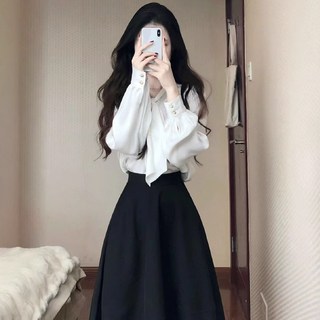 白色飄帶襯衫黑色半身裙套裝 韓系通勤氣質女裝
