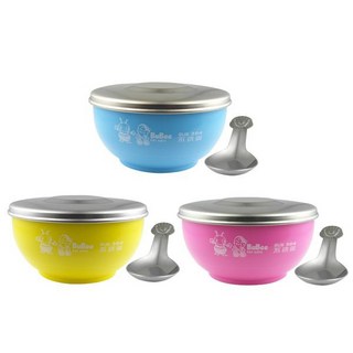 寶石牌 香醇不銹鋼兒童隔熱碗 (附上蓋), 黃+粉+綠(ST蓋), 1個, -