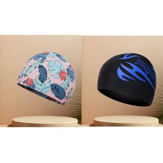 泳帽女款成人長髮高彈布游泳帽男士大頭圍泳帽學生大童, 時尚印花布泳帽 【男女通用】游泳不掉,推薦：2件套【仙女花+黑底藍火 高彈透氣, 1個